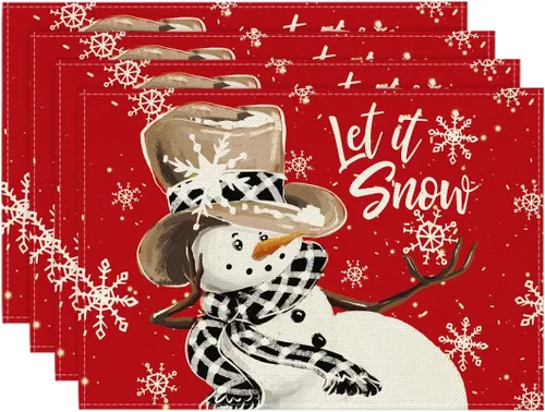 Artoid Mode Juego de 4 manteles individuales de invierno con diseño de copos de nieve y muñeco de nieve rojo de 12 x 18 pulgadas para decoración de