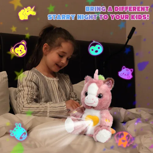 Miniatura 6 de Proyector de estrellas de unicornio rosa sucio de felpa, luz nocturna musical, ajustable, animales de peluche, juguetes de peluche brillantes