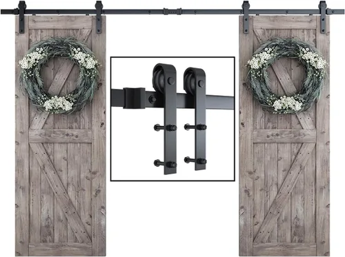Miniatura 12 de SMARTSTANDARD Kit de herrajes para puerta de granero doble de 8 pies, pista de puerta corredera: suave y silenciosa - incluye instrucciones