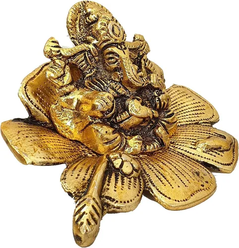 Miniatura 3 de Ganesha en la hoja hecha de metal – Estatua de ídolo de Ganesh figura tradicional para la oficina en casa, templo Puja, decoración Diwali regalo