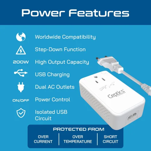 Miniatura 6 de Ceptics Convertidor de voltaje reductor de 200 W – Convertidor de voltaje de 220 V a 110 V para rizador, alisador, cargador – Carga rápida USB-A y C
