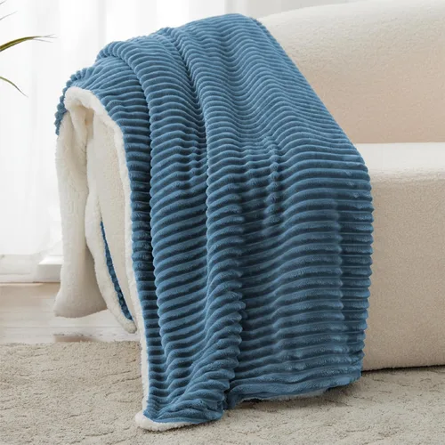Miniatura 18 de Manta Sherpa para sofá, súper suave y gruesa, manta blanca, mantas cálidas para invierno, manta mullida para sofá cama, forro polar a rayas, crema