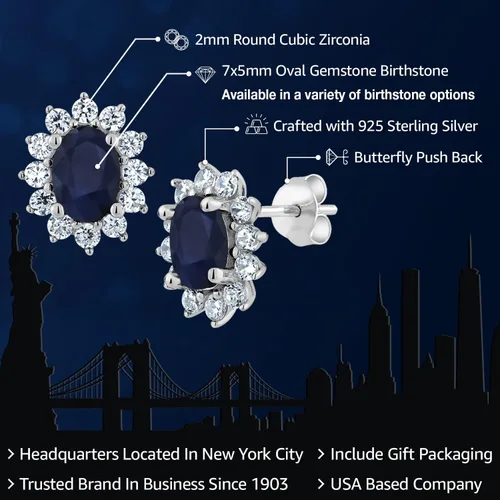 Miniatura 114 de Gem Stone King Aretes ovalados de plata de ley 925 de 0.276 x 0.197 in con piedra natal de la princesa Diana, estilo halo real para mujeres