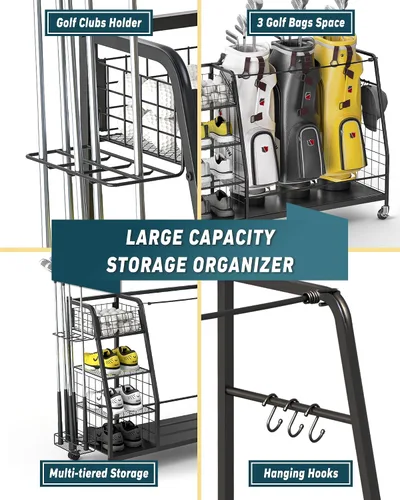 Miniatura 8 de Organizador de bolsas de golf para garaje – Estante de almacenamiento de 3 bolsas de golf con ruedas bloqueables – Soporte para equipos de golf