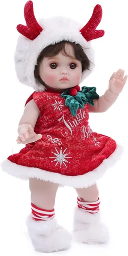 Muñecas de bebé, 18 pulgadas realista Reborn Full Vinyl Baby Doll con pelo rizado marrón, pecas pintadas a mano y acogedor traje rojo para niñas a