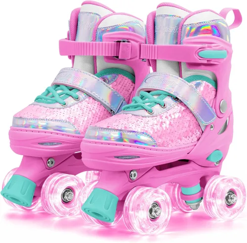 Miniatura 9 de Nattork Patines de ruedas para niños y niñas, 4 tamaños ajustables, patines cuádruples con lentejuelas y todas las ruedas iluminadas para niños