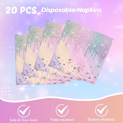 Miniatura 4 de Suministros de decoración de fiesta de cumpleaños con diamantes iridescentes, juego de vajilla de papel holográfico desechable incluye 20 platos, 20