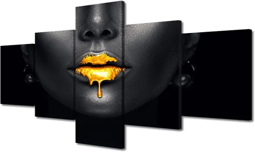 Póster abstracto de labios de niña, cuadros dorados sobre lienzo, arte de pared, hermosos pósteres e impresiones en lienzo de 5 piezas, arte de