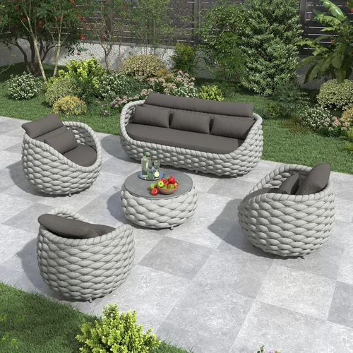 Miniatura 43 de Juego de muebles de patio de cuerda de 4 piezas: conjunto de sofás al aire libre de aluminio acolchado - sofá de conversación moderno ensamblado
