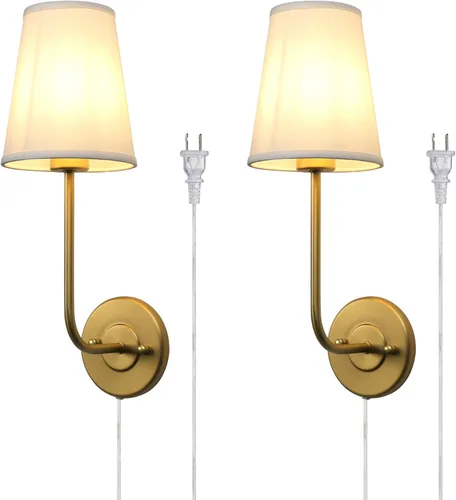Pathson Set of 2 Plug in Wall Sconces, Rustic Wall Lighting Fixtures with On/Off Switch and Pure White Fabric Lampshade, Antique Brass Wall Lamps