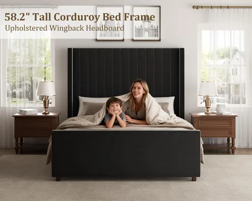 Miniatura 4 de Base de cama tamaño Queen, plataforma tapizada de terciopelo con cabecera y estribo de 62 pulgadas de alto, diseño de rayas verticales, somier Negro