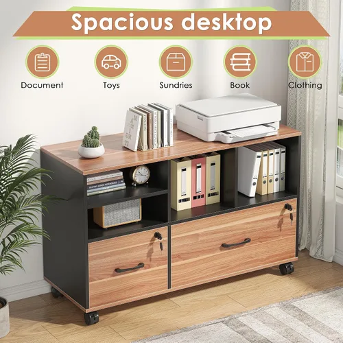Miniatura 6 de Semoic Archivador de 2 cajones con cerradura, archivador lateral móvil para tamaño carta/legal/A4, estante ajustable de almacenamiento abierto