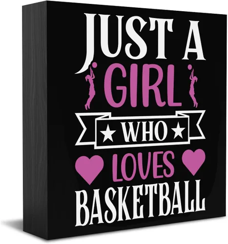 HTBIG Funny Just a Girl Who Loves Basketball Box Sign Rustic Basketball Lovers Wood Box Sign Art Home Girl Bedroom Shelf Desk Decor 5 x 5 pulgadas