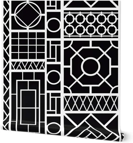 Spoonflower Pelar y pegar muestra de papel tapiz - Enrejado Negro Círculos Blancos Graffiti Chinoiserie Palm Beach China Papel pintado extraíble