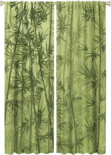 Miniatura 64 de Cortinas con estampado de bambú, tallos y hojas de bambú, temática oriental natural, oscurecimiento de habitación, ventana, ventana, cortina