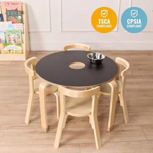 Miniatura 6 de ECR4Kids Juego de mesa redonda de pizarra de madera curvada y silla con respaldo curvo, muebles para niños, natural, 5 piezas