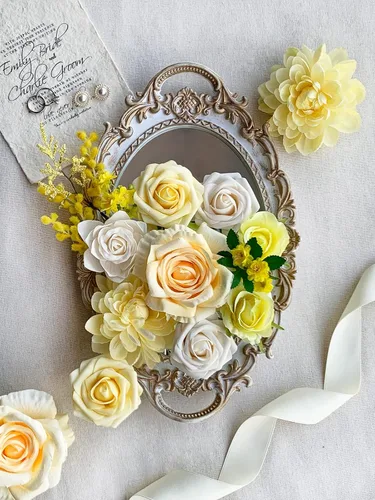 Miniatura 110 de FACINOC Ramos de Rosas Artificiales Naranjas, Juego de Caja de Flores Artificiales con Tallos para DIY, Bodas, Despedidas de Soltera, Decoraciones