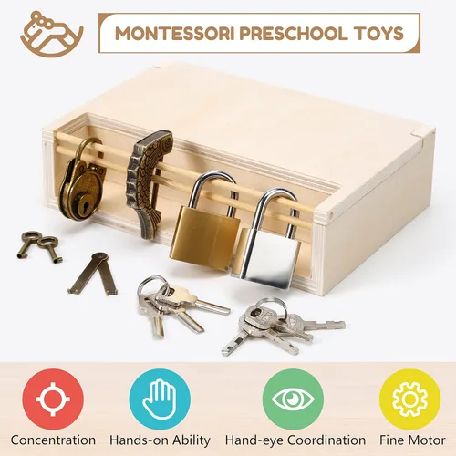Miniatura 6 de Woodtoe 8 piezas de juguete de cerradura y llave Montessori, juguetes Montessori para niños pequeños de 3, 4, 5 años, juego de herramientas