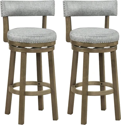 Miniatura 12 de COSTWAY Taburete de bar giratorio de 27 pulgadas, con respaldo acolchado y patas de madera de goma, silla de desayuno para isla de cocina