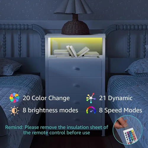 Miniatura 6 de BOLUO Cómoda alta con cajones, mesita de noche blanca con estación de carga y luz LED, cómoda pequeña de 4 cajones en blanco para dormitorio