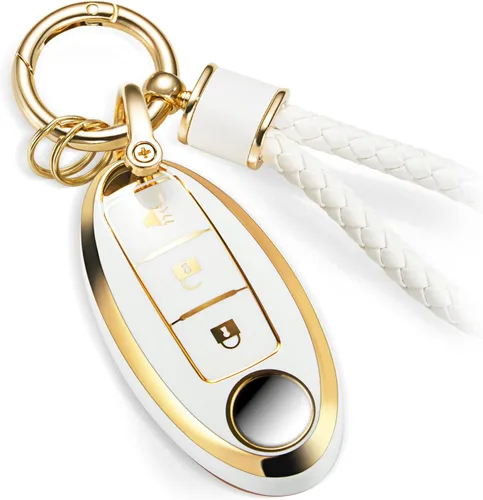 Funda para llavero Nissan con llavero de cuerda trenzada de metal de lujo, funda suave mejorada para llave Nissan (solo 3 botones) (oro, cuerda