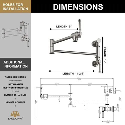 Miniatura 6 de Lava Odoro PF312-BN - Grifo de llenado de ollas de níquel cepillado, moderno de dos accesorios, montaje en pared, grifo de cocina plegable de dos