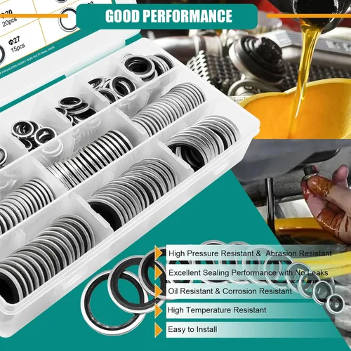 Miniatura 5 de 265 piezas NBR Arandelas de sellado unidas de metal, acero chapado en zinc métrico autocentrado Dowty Seal Junta de sellado aplastante Kit surtido