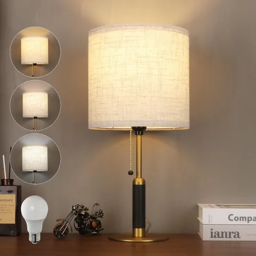 Miniatura 10 de 18.9" Modern Mid Century Table Lamp Pull Chain Bedside Lamps for Nightstand Lamp for Bedroom Living Room 3-Color Light Solid Wood/Metal/Fabric for