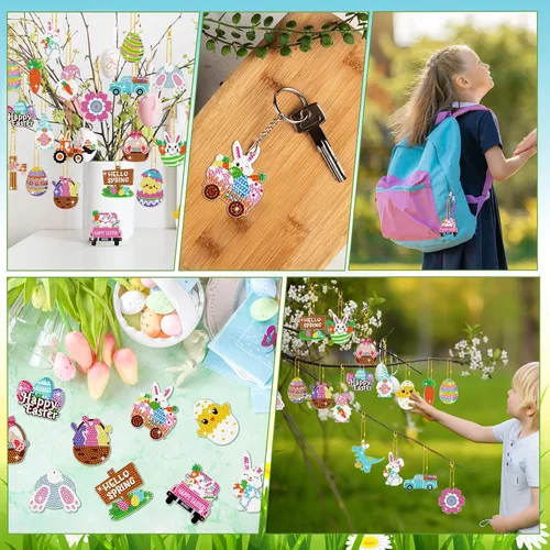 Miniatura 7 de Panelee 48 piezas de llavero de arte de diamante de Pascua, kits de arte de diamantes para colgar huevos de Pascua, adornos para niños