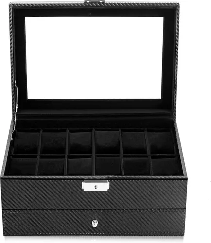 Miniatura 7 de Oyydecor Caja de reloj con 12 ranuras, organizador de relojes, organizador de joyas con cajón de joyería para almacenamiento y exhibición