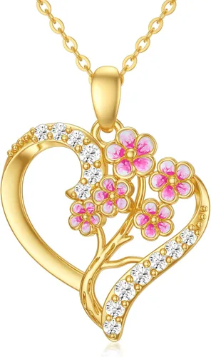 Miniatura 20 de Collar de flor de nacimiento de oro real de 14 quilates para mujer, oro amarillo creado moissanita con colgante de corazón, collares