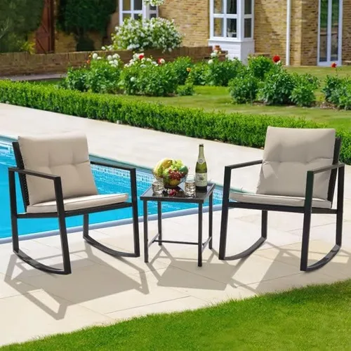 Miniatura 5 de Juego de 3 sillas mecedoras de patio para exteriores con mesa auxiliar (beige), 23.50 x 28.70 x 35.00 pulgadas (largo x ancho x alto) (T998142)