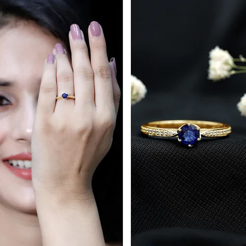 Miniatura 2 de Anillo de compromiso con solitario mínimo de zafiro azul, redondo de 0.197 in, calidad AAA, joyería inspirada en flores para mujer