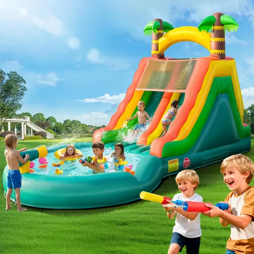 Bouncker inflable con tobogán acuático, parque acuático gigante de doble carril de 22 pies con piscina, cañón de agua, pared de escalada, diversión