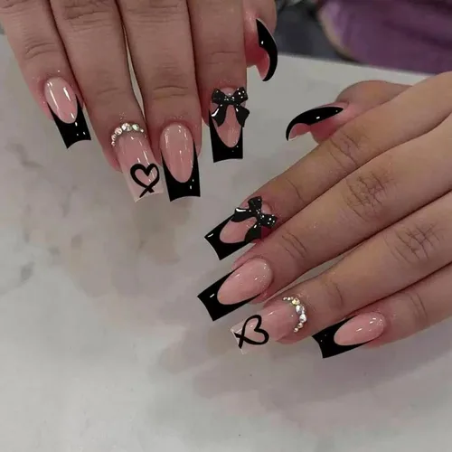 Miniatura 12 de IMSOHOT Uñas postizas, acrílicas de color naranja mate, puntas francesas cuadradas, 24 unidades, uñas extra largas con pegamento con bonitos diseños