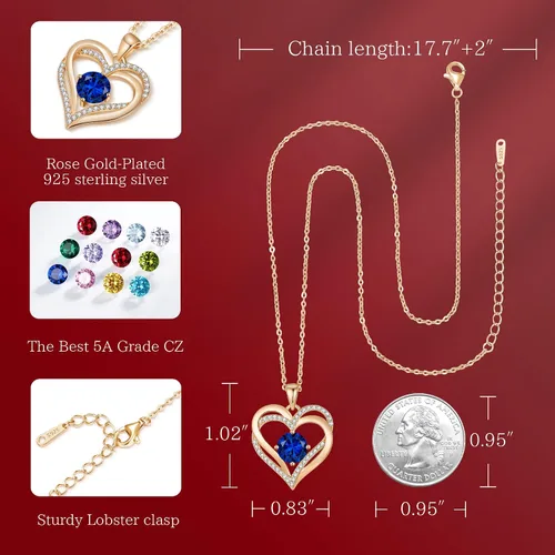 Miniatura 4 de LOUISA SECRET Love Heart Birthstone Necklaces for Women, 925 Sterling Silver Women Pendant Necklace, Mothers Day Birthday Anniversary Jewelry Gift