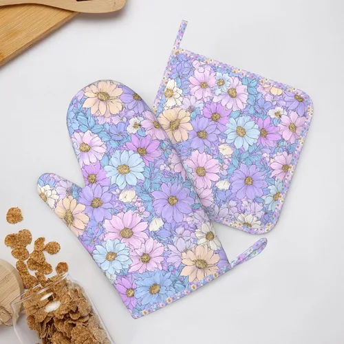 Miniatura 6 de Oven Mitts Pot Holders Set Daisy Flower Pastel Color Silicone Kitchen Gloves Potholders Heat Resistant for Chef Baking Cooking Grilling BBQ 4 Pack