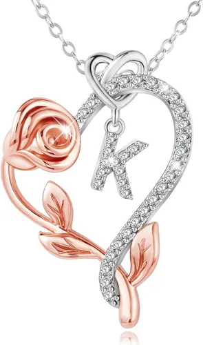 SNZM Initial Necklaces for Women-925 Sterling Silver Rose Heart Letter Pendant Necklace with 5A Cubic Zirconia Dainty Jewelry Birthday Valentines