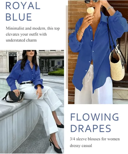 Miniatura 14 de Odosalii - Camisas con botones para mujer, con cuello en V, manga larga, enrolladas, blusas elegantes y formales para negocios y ocasiones casuales