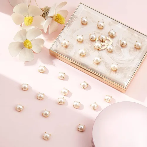 Miniatura 6 de GORGECRAFT 200 cuentas de perlas para coser, dos agujeros, perlas y diamantes de imitación con garra dorada, parte trasera plana, perlas