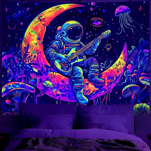 Miniatura 15 de BVBOX Tapiz de astronauta espacial con luz negra, reactivo a los rayos UV, galaxia, planeta que brilla en la oscuridad, póster de luz negra, arte