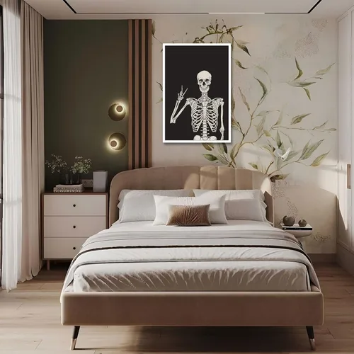 Miniatura 6 de Divertido lienzo de esqueleto negro para pared, decoración espeluznante, póster de Halloween, impresión de señal de paz con la mano alta, huesos
