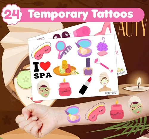 Miniatura 3 de 36 recuerdos de fiesta de spa, 24 tatuajes temporales y 12 sellos, ideal para fiestas de pijamas, decoración de tarjetas de cumpleaños, suministros
