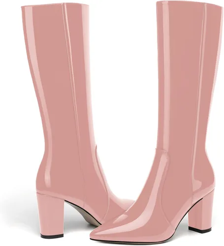 Miniatura 27 de AMBELIGHT Botas altas hasta la rodilla con cremallera y puntera puntiaguda para mujer, de patente sólida, tacón alto, 3.3 pulgadas