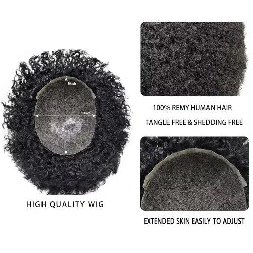 Miniatura 4 de Afro Toupee para hombres negros, rizado afro ondulado, postizo masculino, piel fina, PU negro, para hombre, tupé, reemplazo de cabello humano
