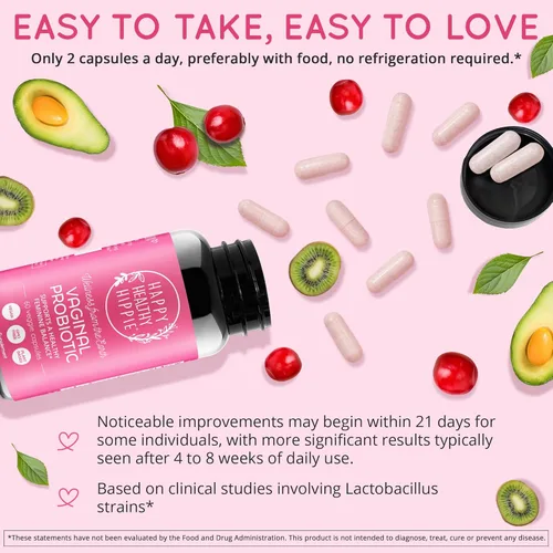 Miniatura 6 de Happy Healthy Hippie Probiótico vaginal para mujeres, equilibrio de pH, BV, olor + soporte urinario, 10 cepas probióticas, 10B UFC, arándano