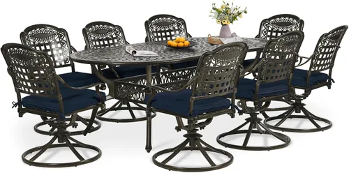 Miniatura 14 de Juego de comedor de patio de 9 piezas, mesa y sillas de patio al aire libre, mesa de comedor ovalada de aluminio fundido de 84 pulgadas con agujero