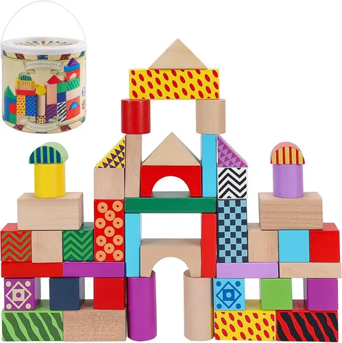 Offelec Juego de 50 bloques de construcción de madera con cubo de almacenamiento, bloques apilables Montessori y juguetes de clasificación de formas