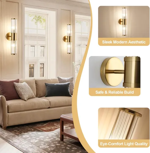 Miniatura 4 de Moderna lámpara de tocador de latón cepillado, aplique de pared con doble varilla de vidrio para baño, base de candelabro E12, iluminación de Latón