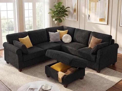 Miniatura 11 de Sofá modular modular en forma de V de 90.6 pulgadas con otomana de almacenamiento, sofá esquinero de pana de 6 asientos con asiento profundo